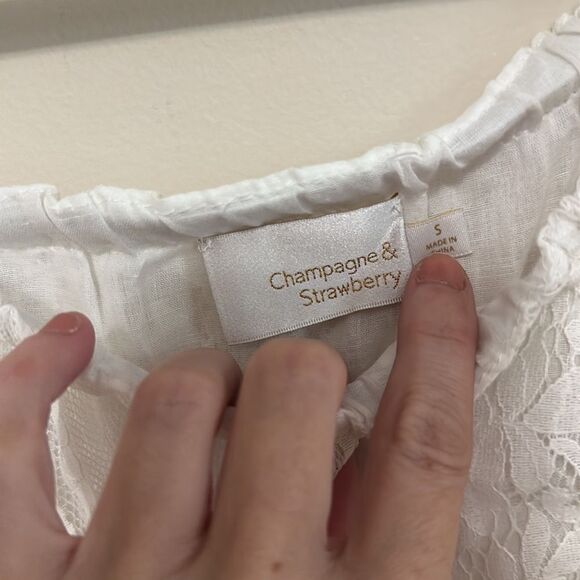 Anthropologie Champagne & Strawberry Ruffled Layered Lace Off Shoulder Top - Picture 4 of 6